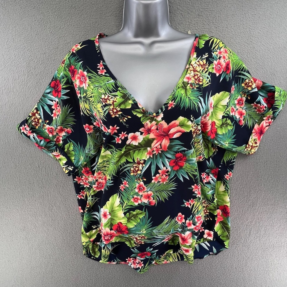 Lush Women Top Tropical Floral Polyester S Summer Boho V-Neck Blouse